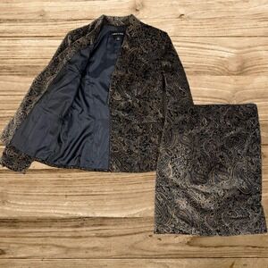 Isabel & Nina Sz 4 Skirt Suit Set 2-Peice Paisley Blazer Pencil Skirt Brown Blue